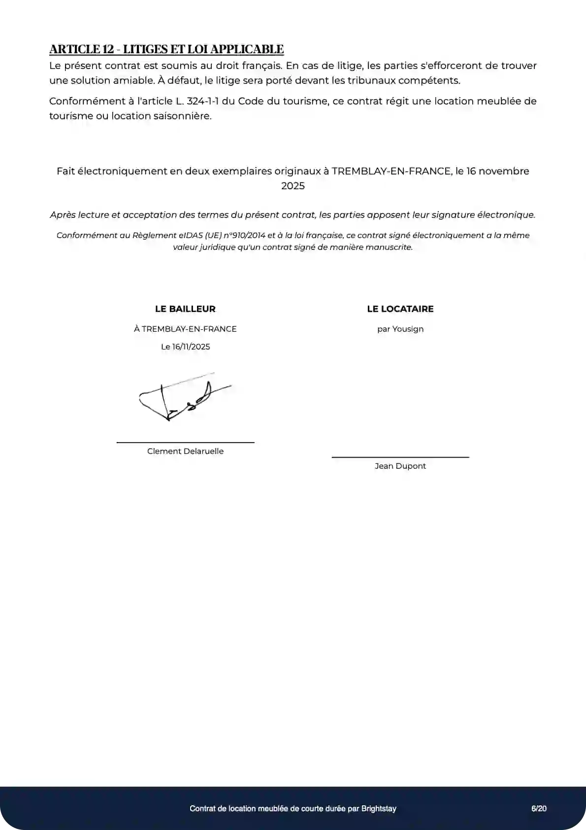 Aperçu d'un contrat de location saisonnière Brightstay - Page 3 avec clauses et signature électronique